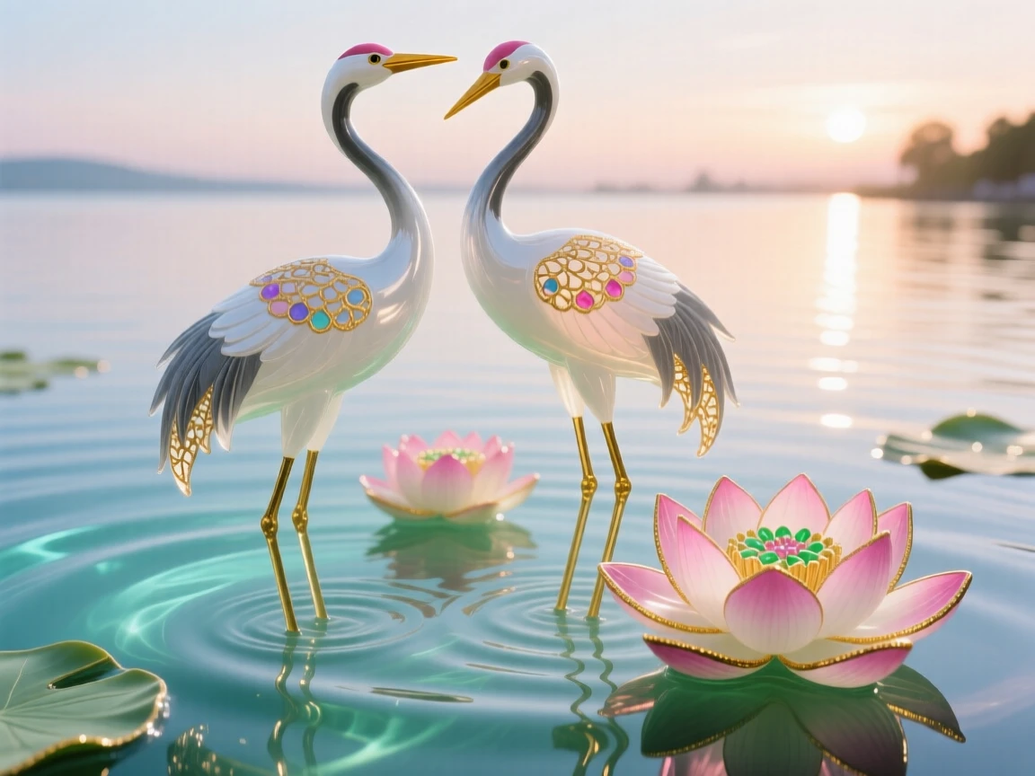 A pair of cranes standing together beside a blossoming lotus pond at the very crack of dawn, elegant and sacred.