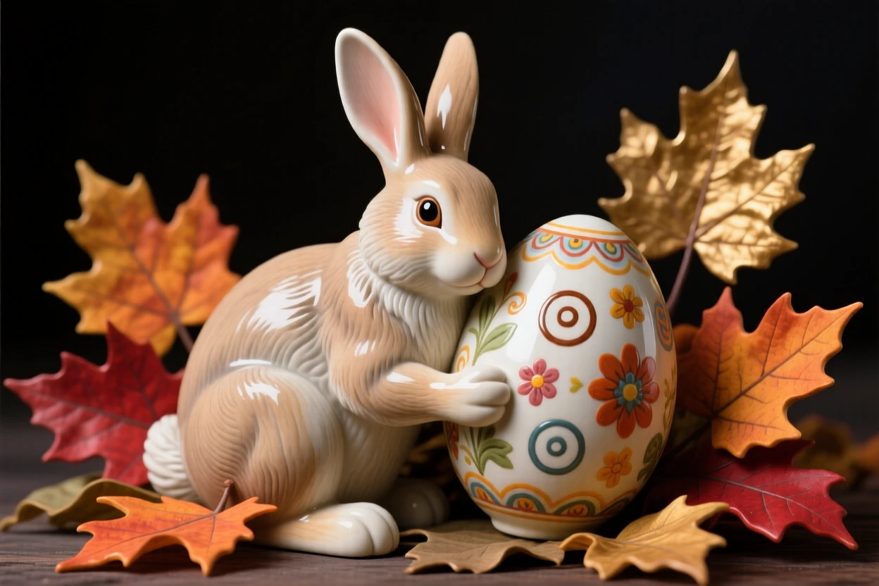 An Easter bunny cradling a decorated egg arranged among traditional seasonal motifs, framed by autumn leaves in warm hues, evoking festive joy and warm togetherness.