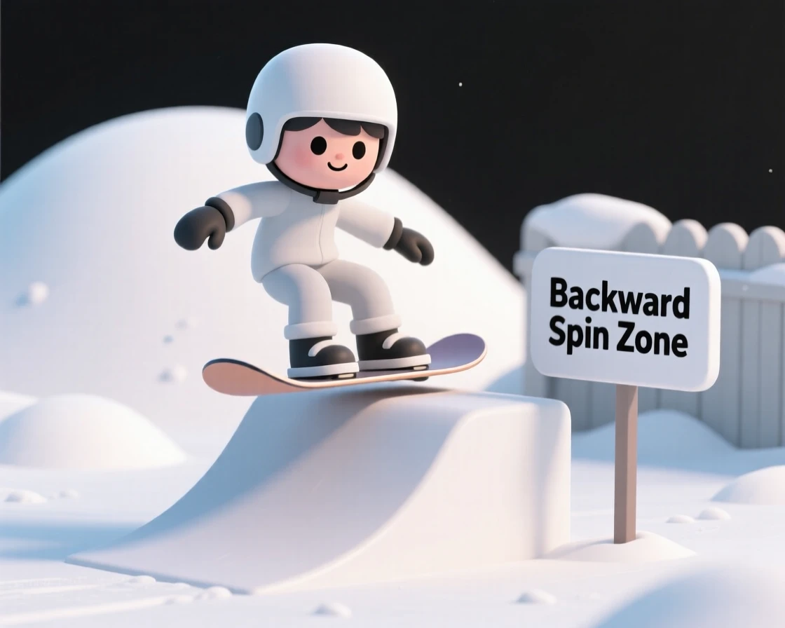 A determined young snowboarder practices a spin on a small backyard ramp, landing safely in a snowbank.