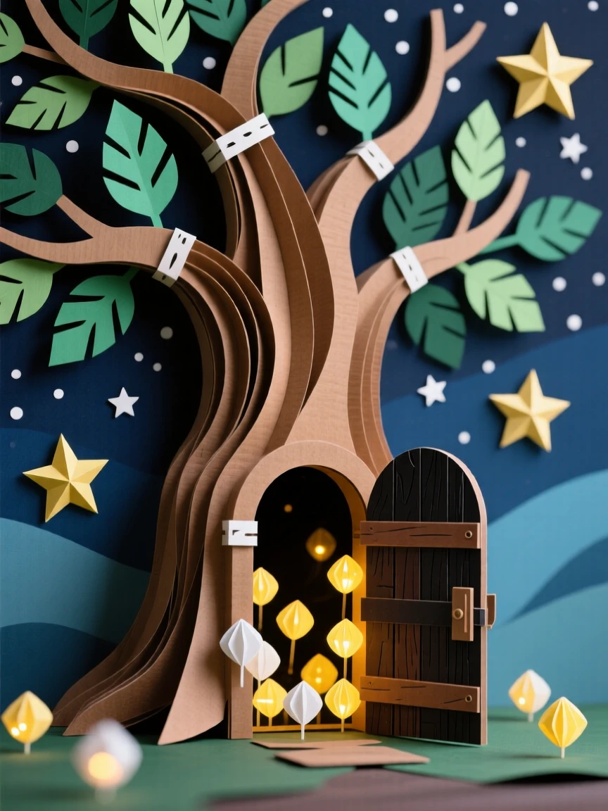 A hidden door glowing at the base of a tree set against a deep starry night sky, with tiny lights glowing from within, evoking a sense of boundless imagination.