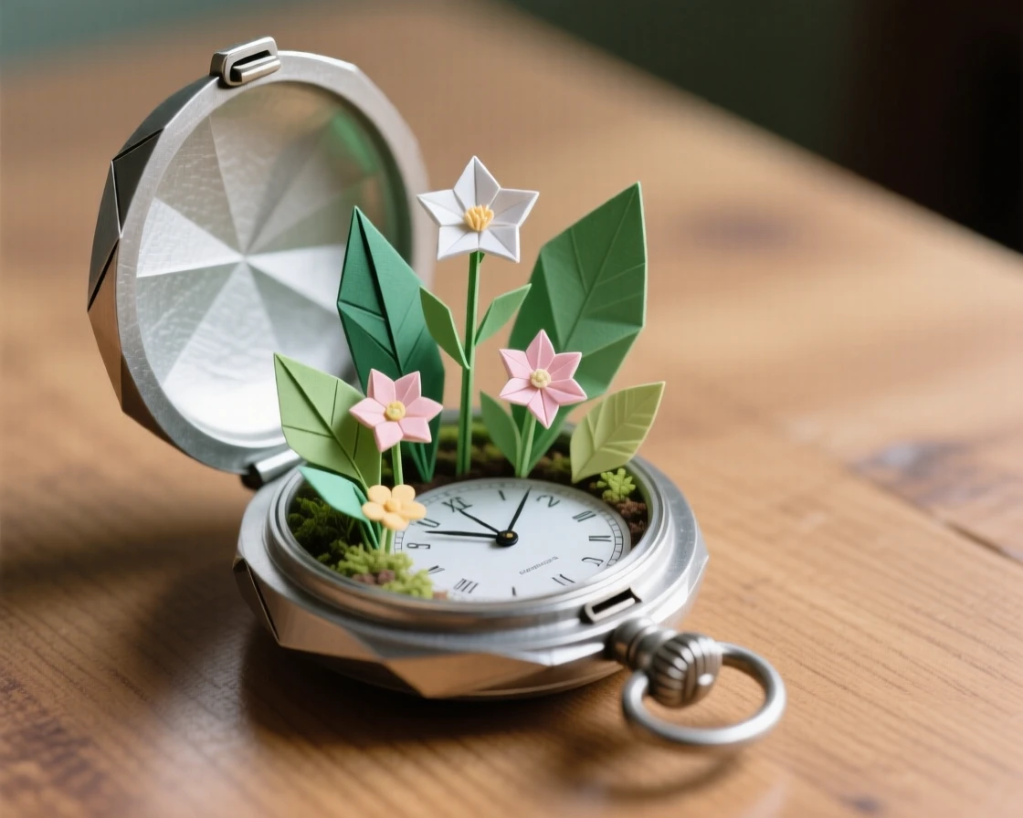 A pocket-sized garden growing inside an old pocket watch case left open on a table.