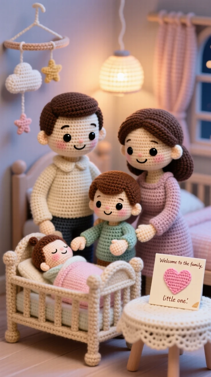 A heartwarming family moment: a family welcoming a new baby sibling home gathered gently around a small crib, taking turns holding a tiny hand within a softly lit nursery at bedtime; a handmade card resting on the table nearby, full of quiet tenderness between generations.