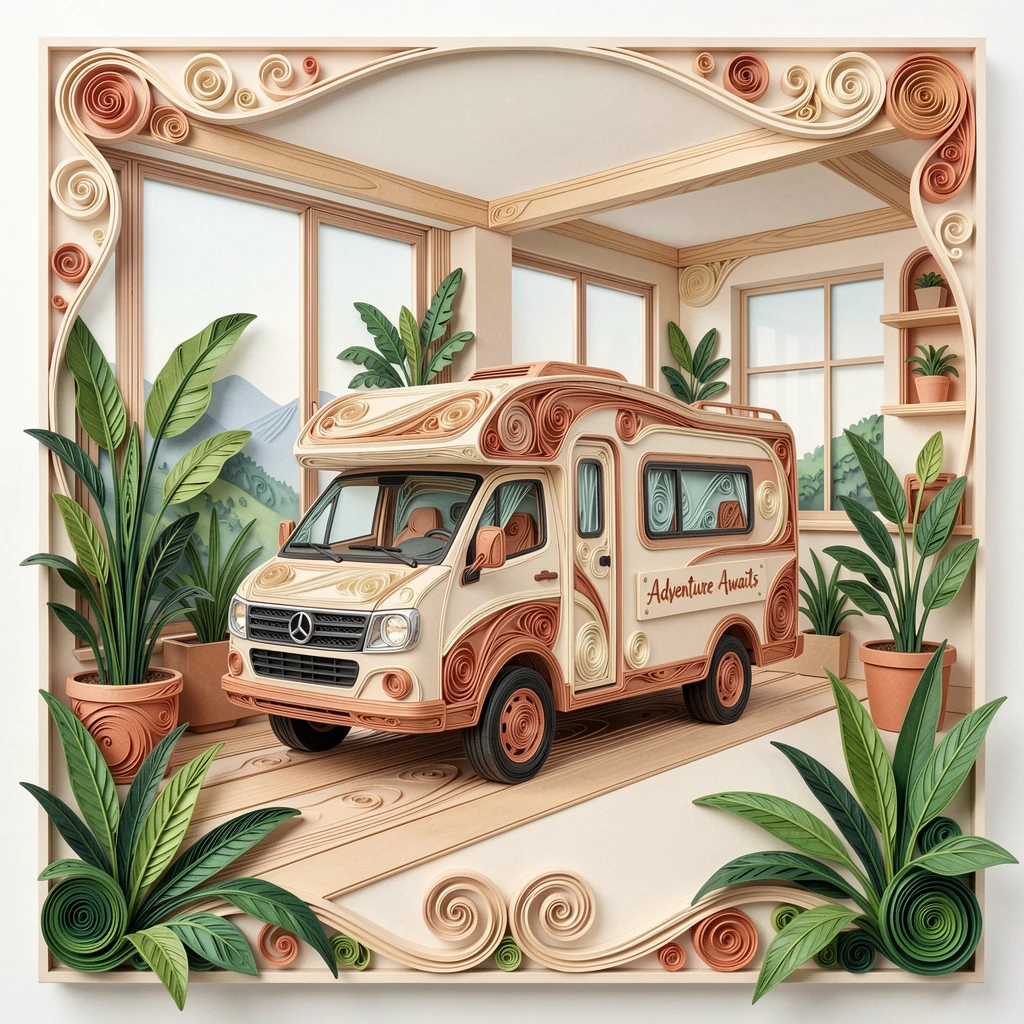a camper van parked beside a scenic overlook, in a bright, plant-filled apartment, composed with clean modern lines and open space, in warm neutral tones of beige and terracotta.