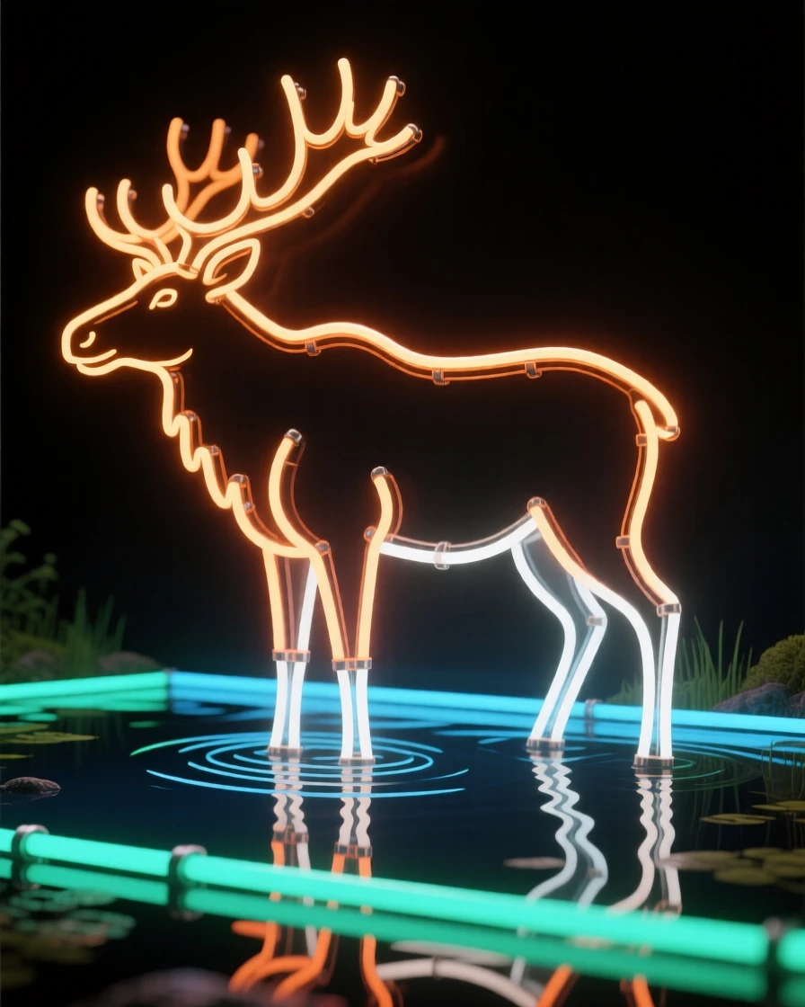 A moose standing knee-deep in a still forest pond.