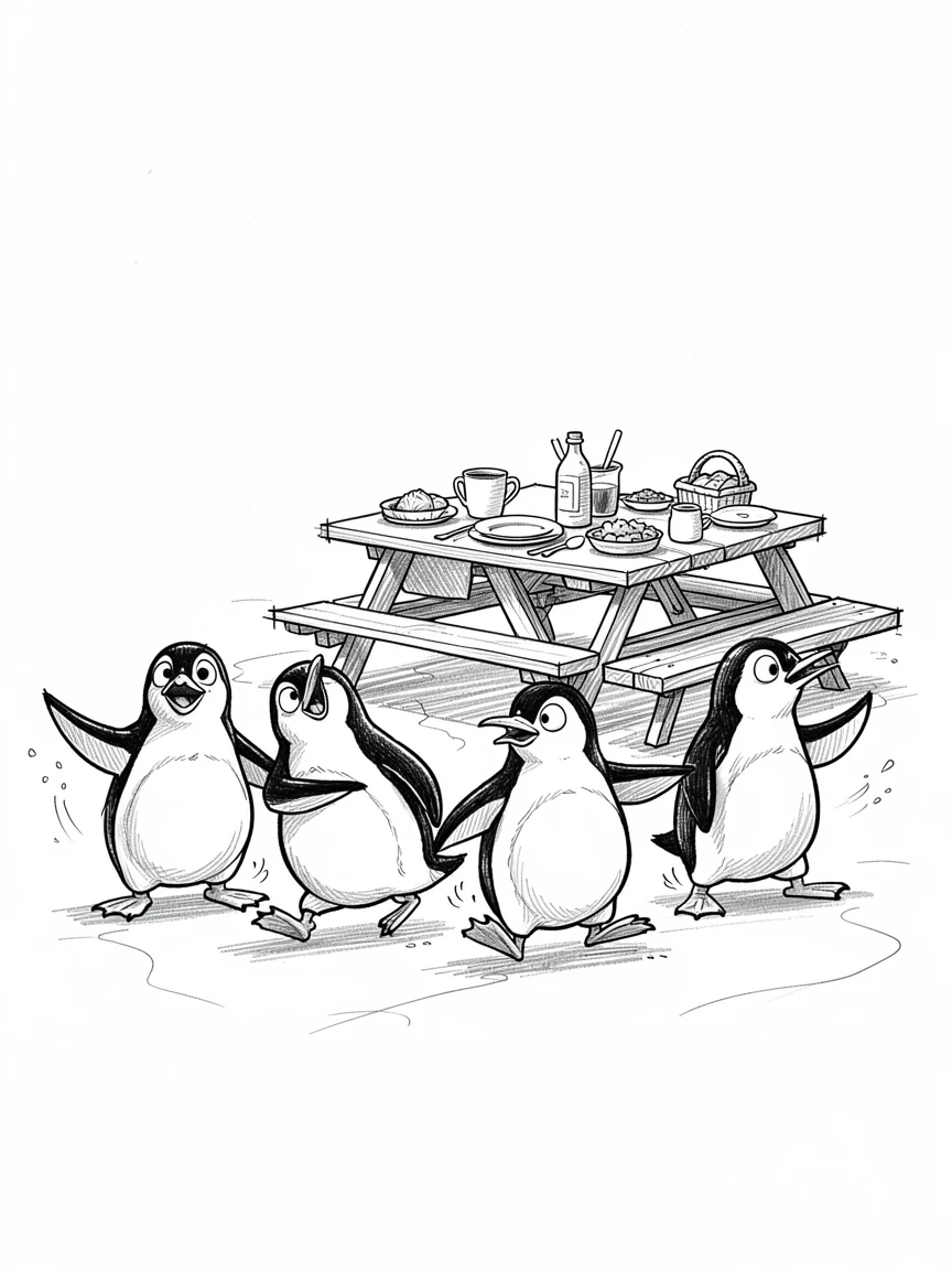 A group of penguins forming a conga line on ice beside a picnic table at a family gathering.
