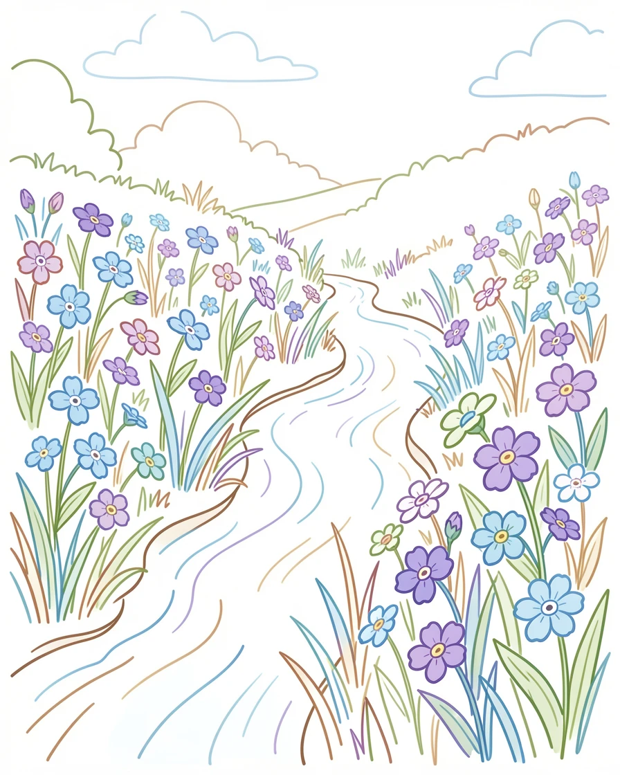 A field of wild forget-me-nots lining the banks of a gentle stream.