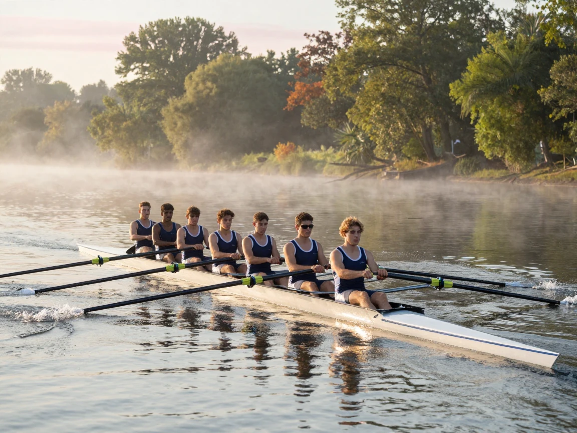 A rowing team gliding across a calm morning river