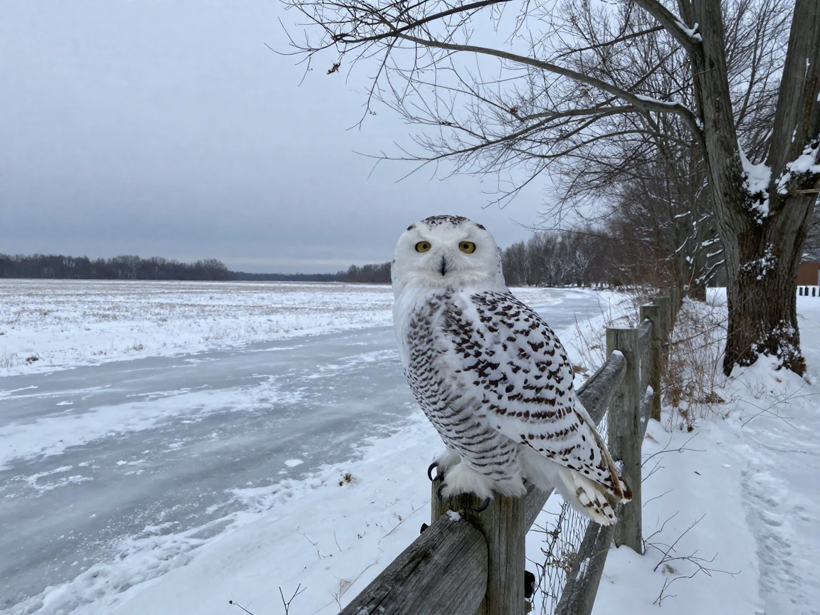 A snowy owl perches silently on a fence post overlooking a frozen field.