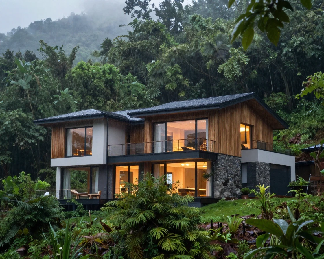 A modern home built into the side of a forested hill, welcoming and warm, as rain patters gently on the roof