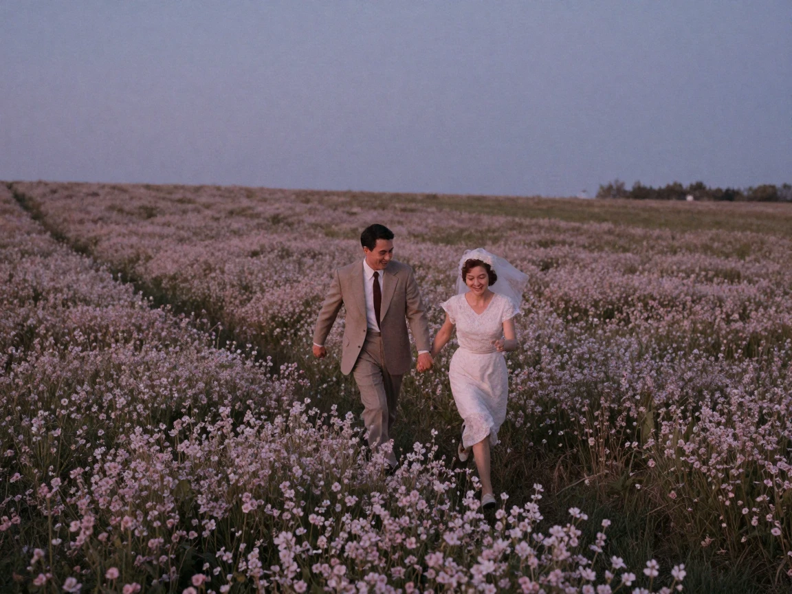 Newlyweds running hand in hand through a field of wildflowers, in cool blue twilight, in still, windless air, in early spring, in dusty lavender and rose tones, from a slightly elevated vantage point.