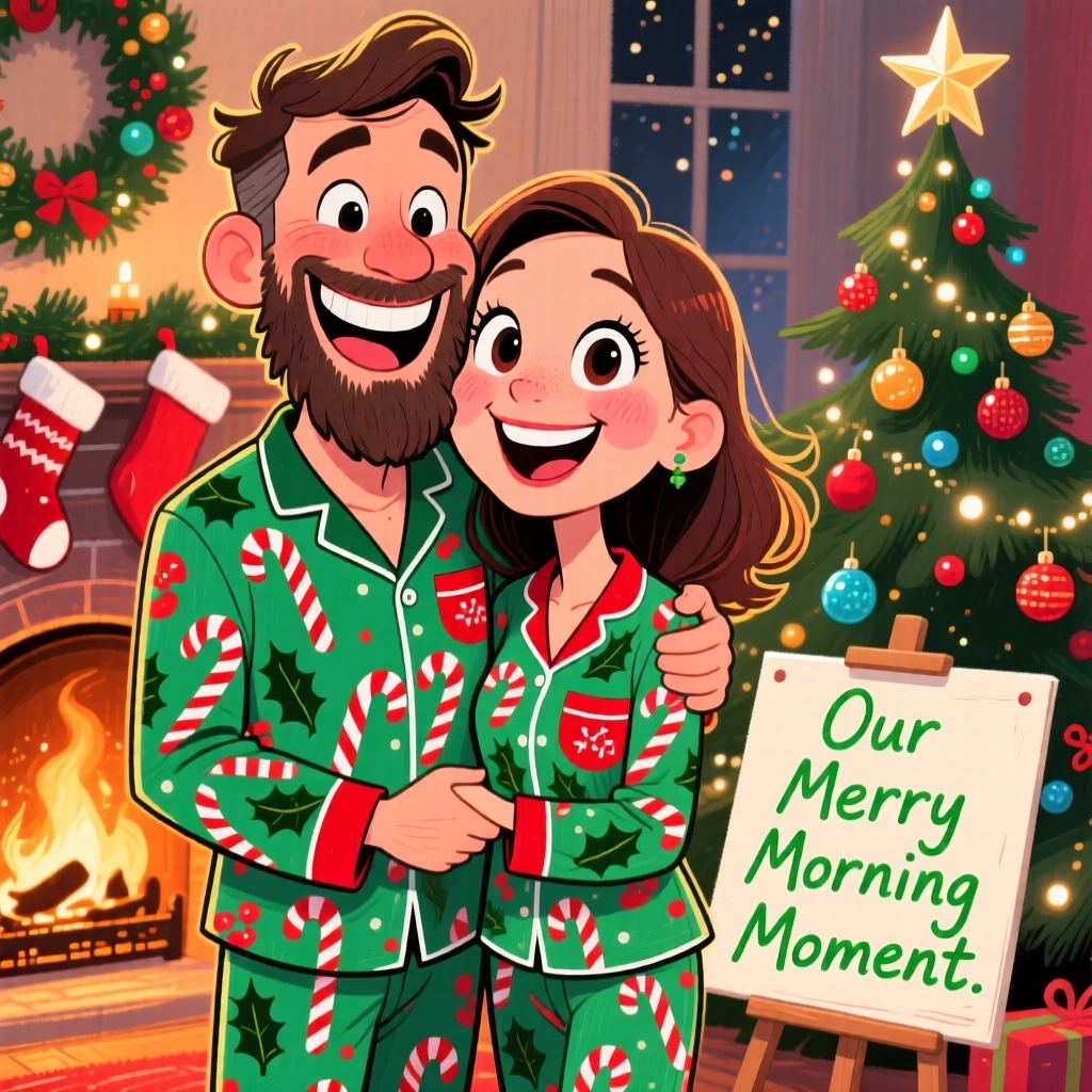 A couple doing a couples' photoshoot in matching pajamas on Christmas morning.