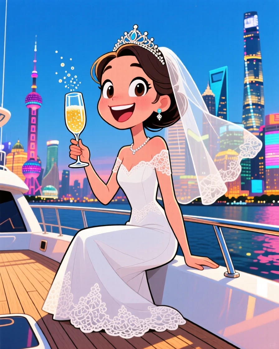 An aspirational lifestyle scene of an elegant bride-to-be sipping champagne on a sun-drenched yacht deck, as the city skyline glitters below.