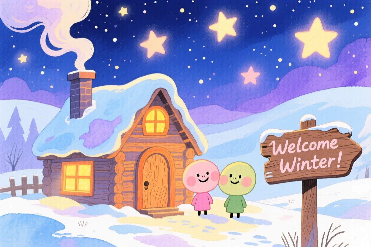 A charming seasonal scene of a snowy cabin glowing warmly against a starry winter night