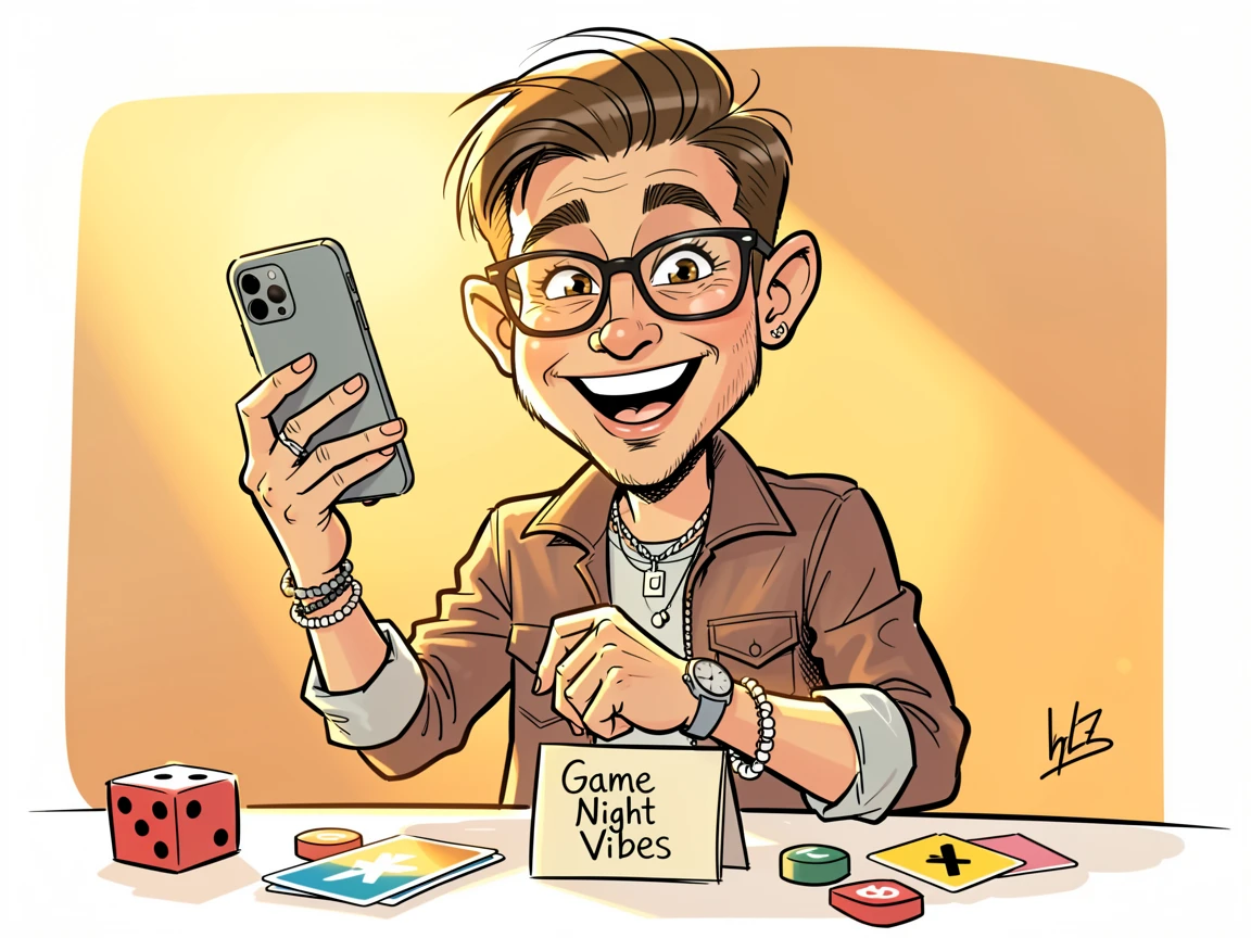 [Trending & Universal Topics] Modern lifestyle scene of a stylish board game host capturing golden hour on a phone camera, capturing everyday joy