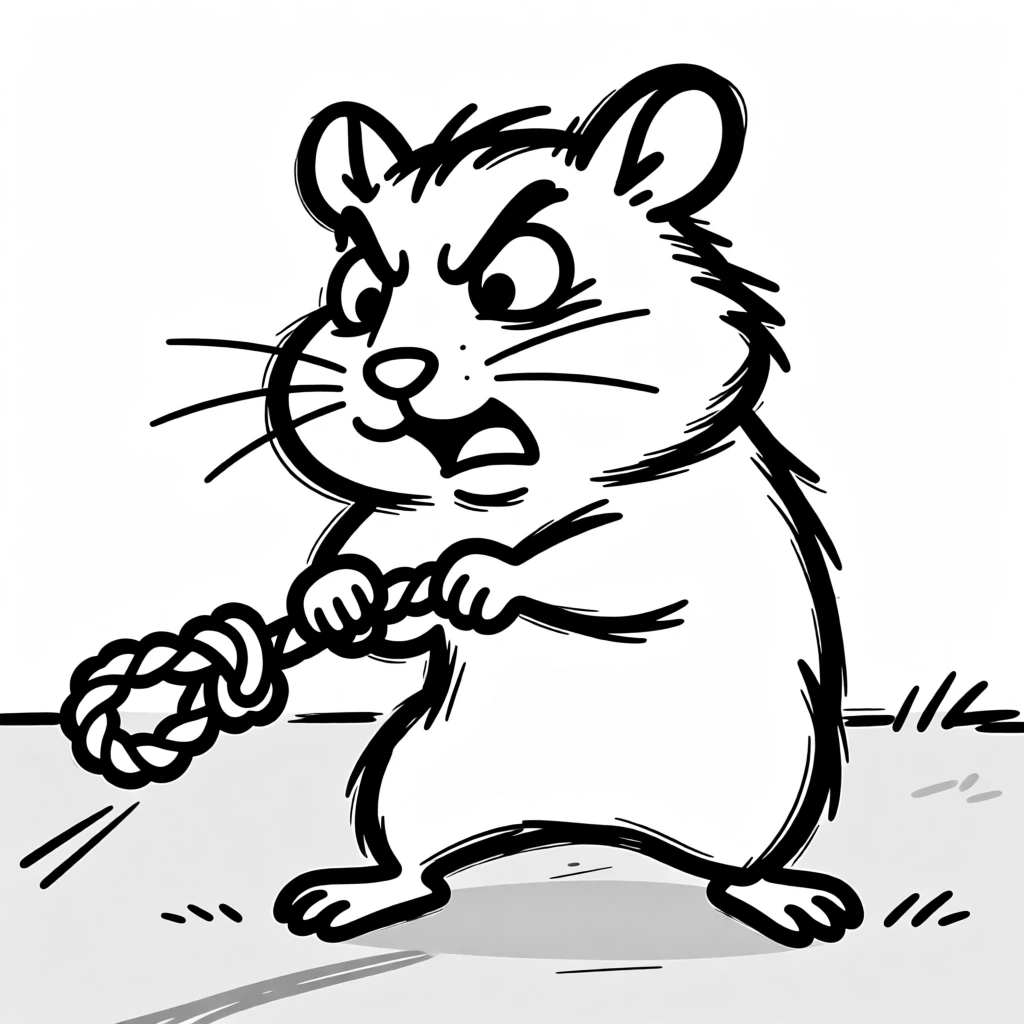 A hamster playing tug of war with a rope toy, back paws braced and determined.