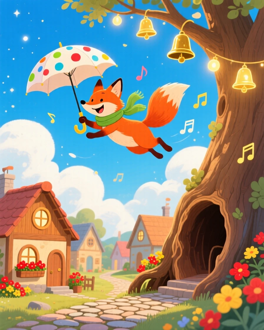 A fox who collects tiny umbrellas delights in flying through the clouds using an umbrella, tucked within a village built inside a hollowed-out log, while soft chimes ring from unseen bells.