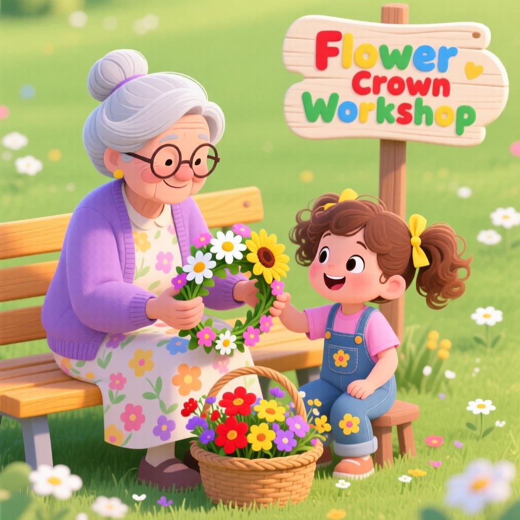 A grandmother showing her grandchild how to press a flower crown together.