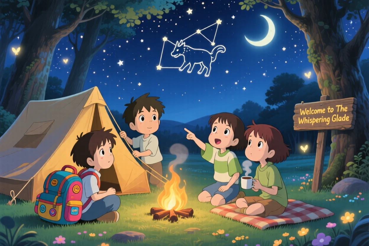A group of friends setting up camp beneath a starry sky, the moment brimming with discovery.