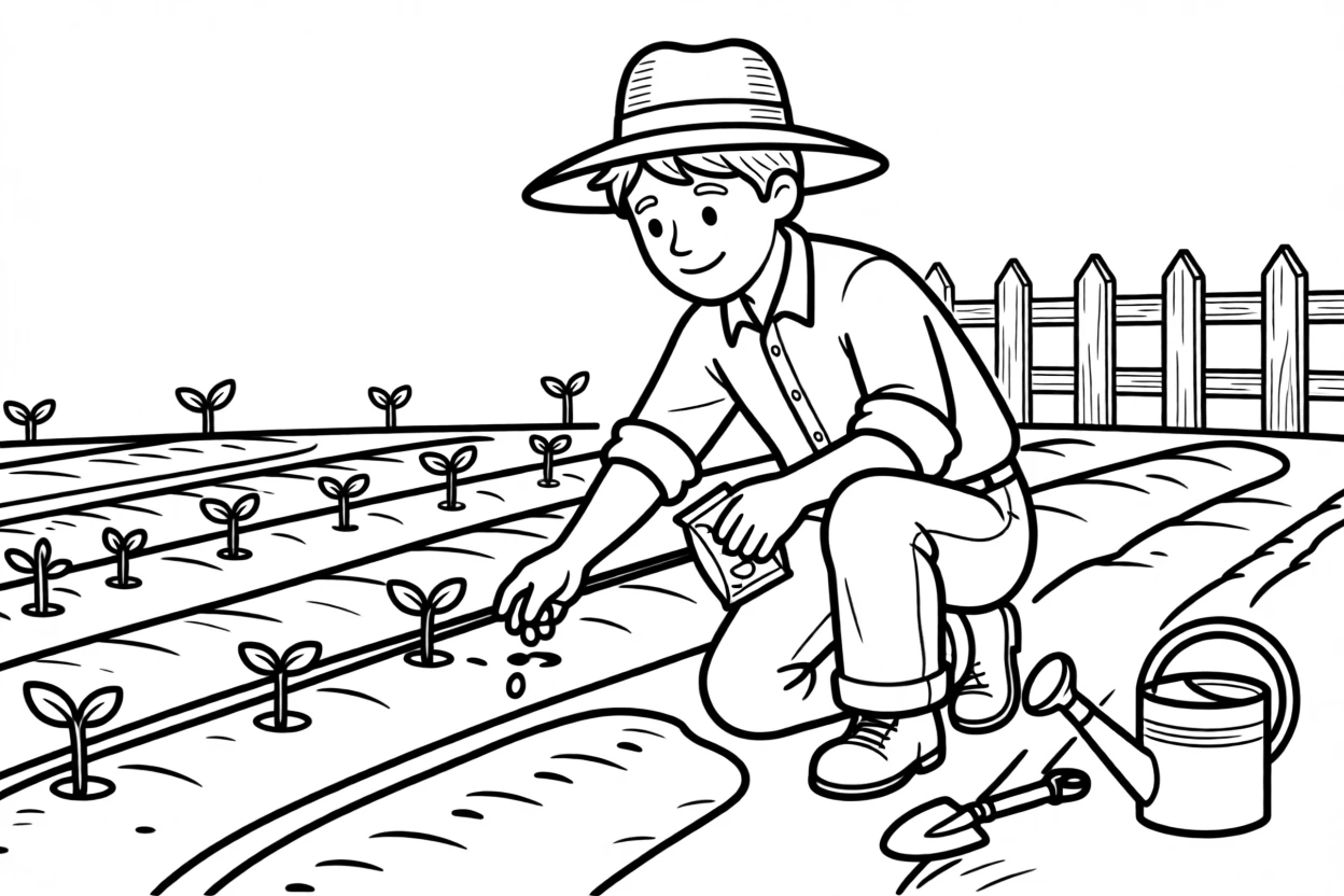 A farmer planting seeds in neat rows of soil