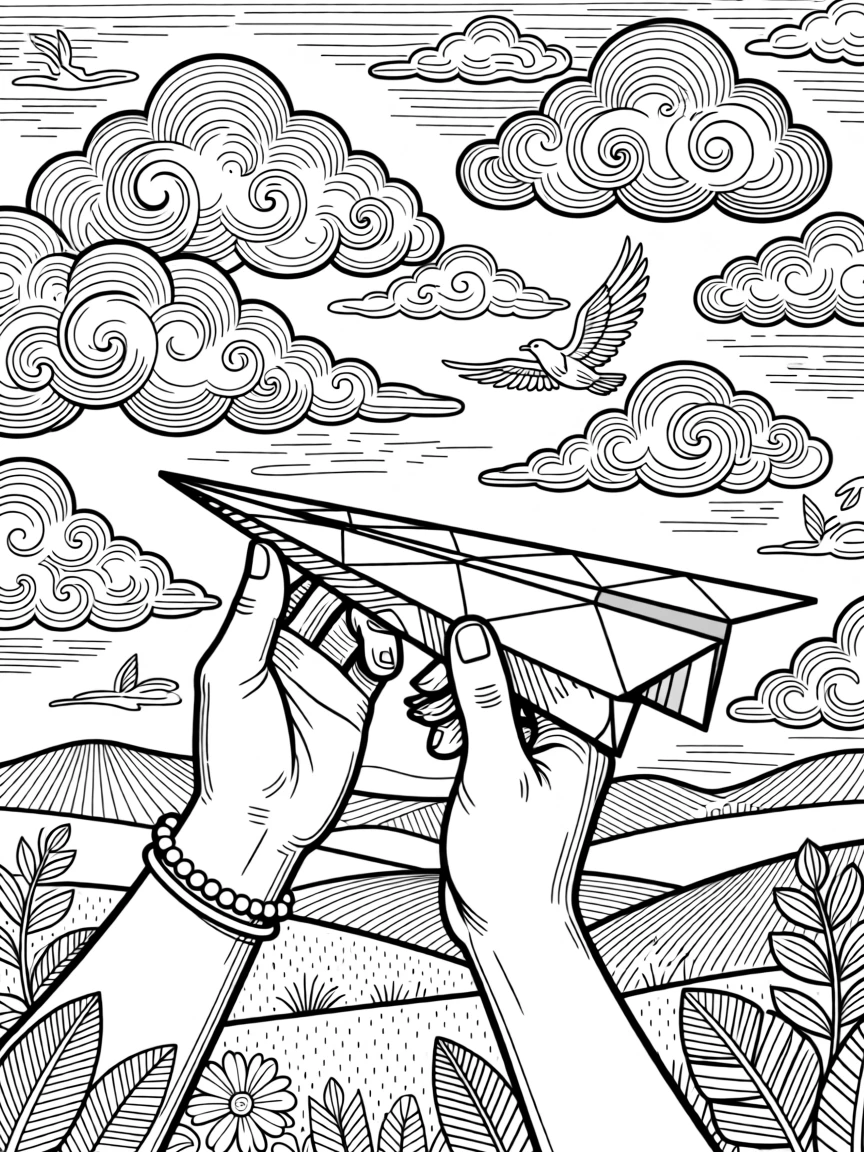 A pair of hands releasing a paper airplane into a sky full of clouds.
