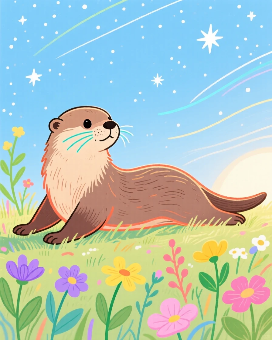 A baby otter stretching in the morning light near a wildflower field under a clear starry sky.