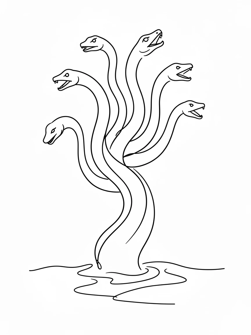 A hydra rising from a swamp with multiple serpentine heads