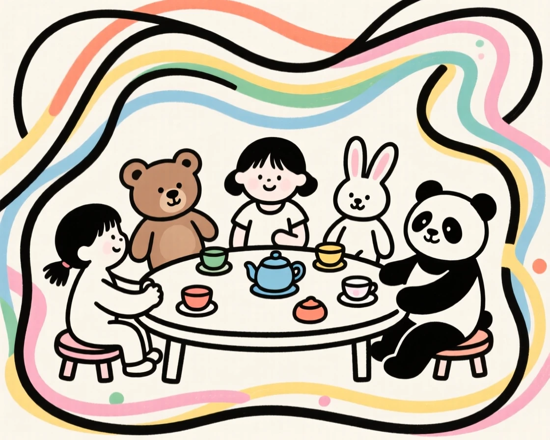 A group of children having a tea party with stuffed animal guests.