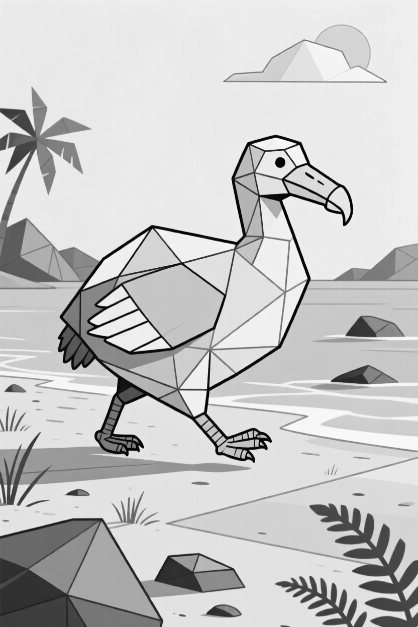 A dodo bird walking along a prehistoric island shore