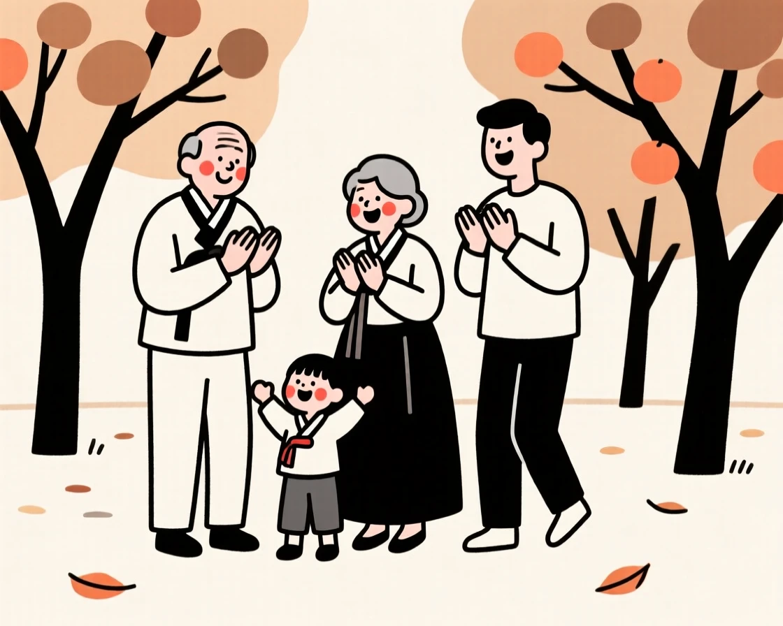 Four generations of one family of Korean heritage, bursting with excitement, in an autumn orchard.