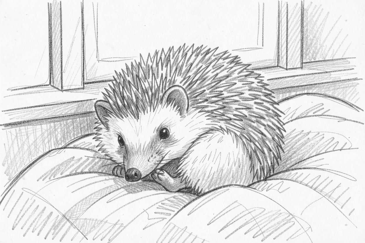 A charming close-up of a hedgehog curled into a tiny ball on a cozy blanket by a window, looking impossibly soft and content.
