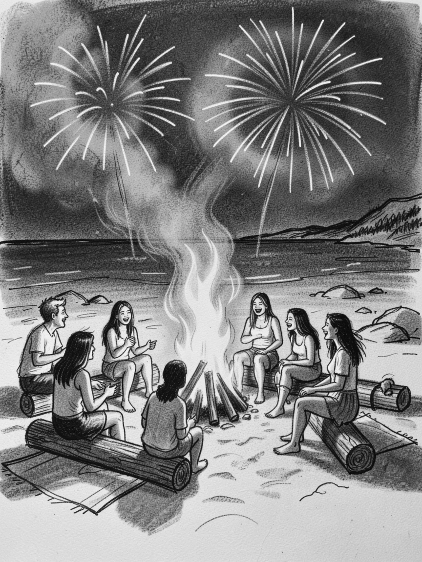 A summer beach bonfire with friends gathered under fireworks, with a light breeze stirring the surroundings.