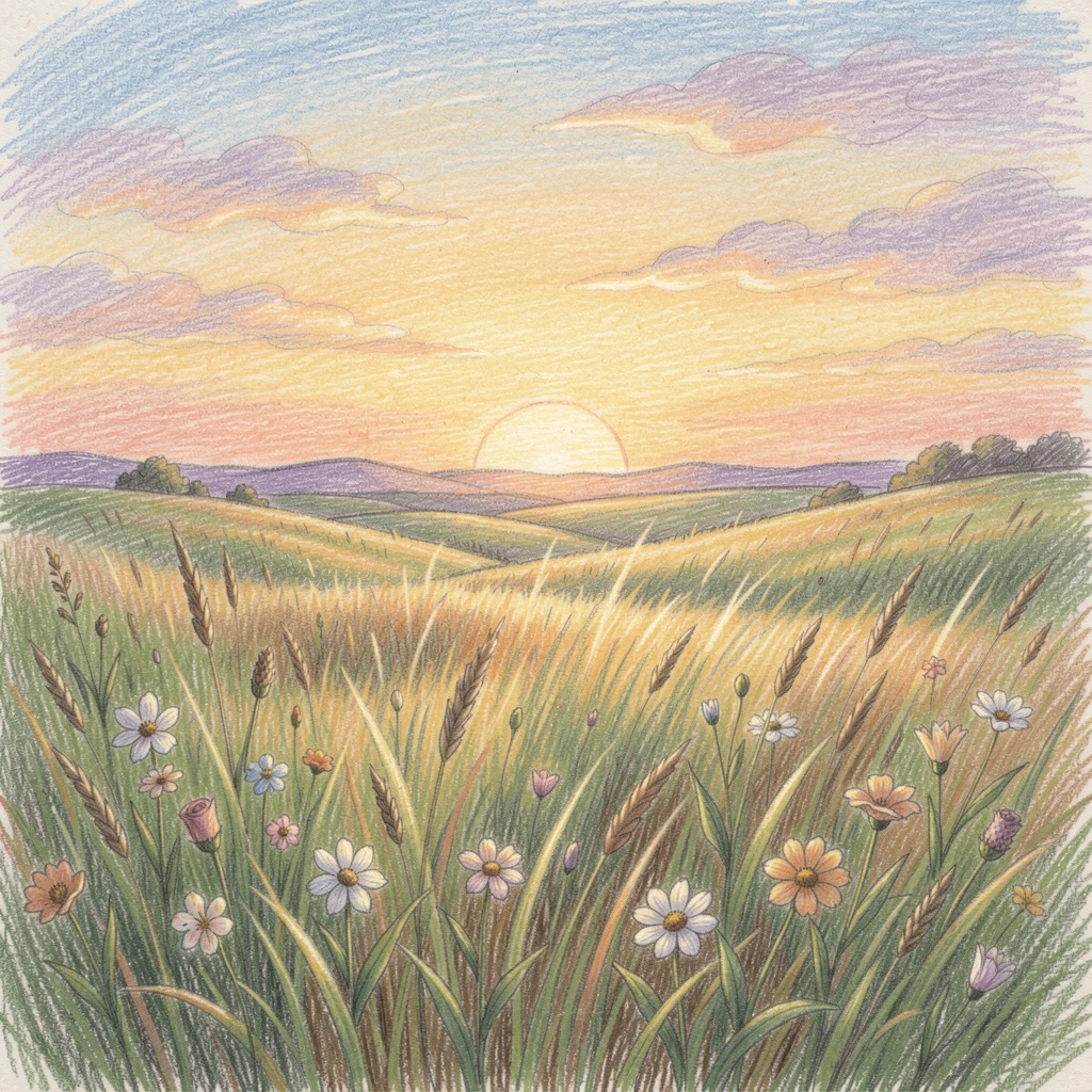 A pastoral meadow glowing gold as the sun dips below the horizon, with a gentle play of light and shadow across the composition, capturing a quiet story that lingers with the viewer.