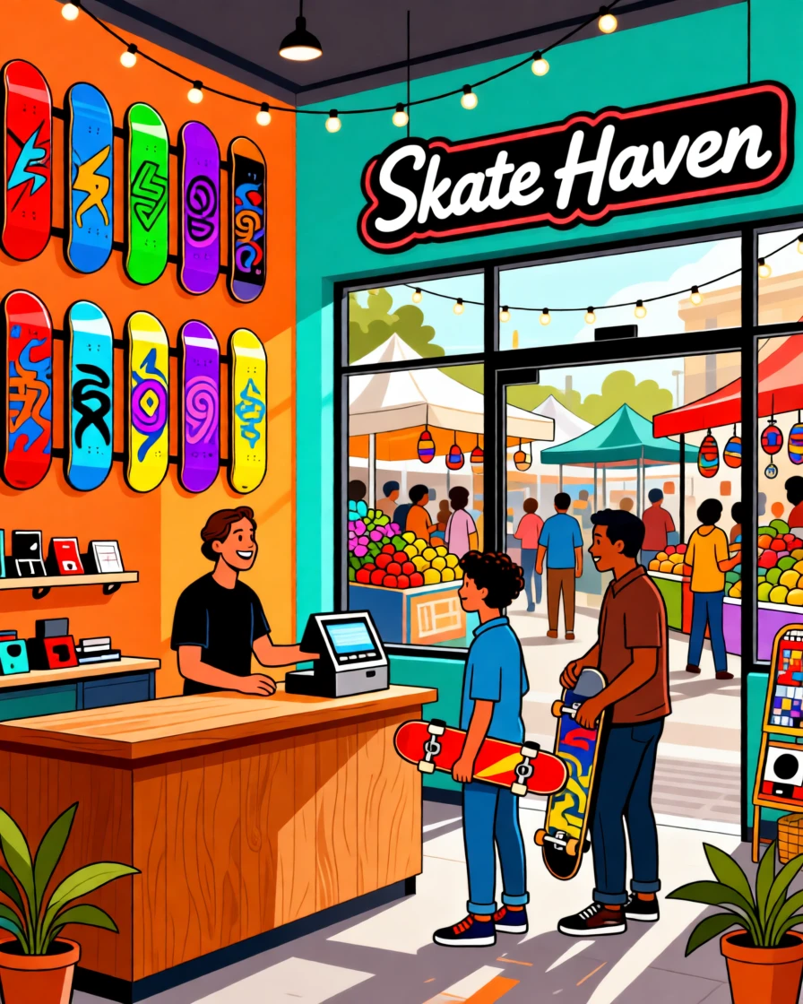 A vibrant skate shop with colorful boards lining the walls, set within a bustling, cheerful marketplace, framed with vibrant colors and lively energy, with a sense of community and connection in every detail.