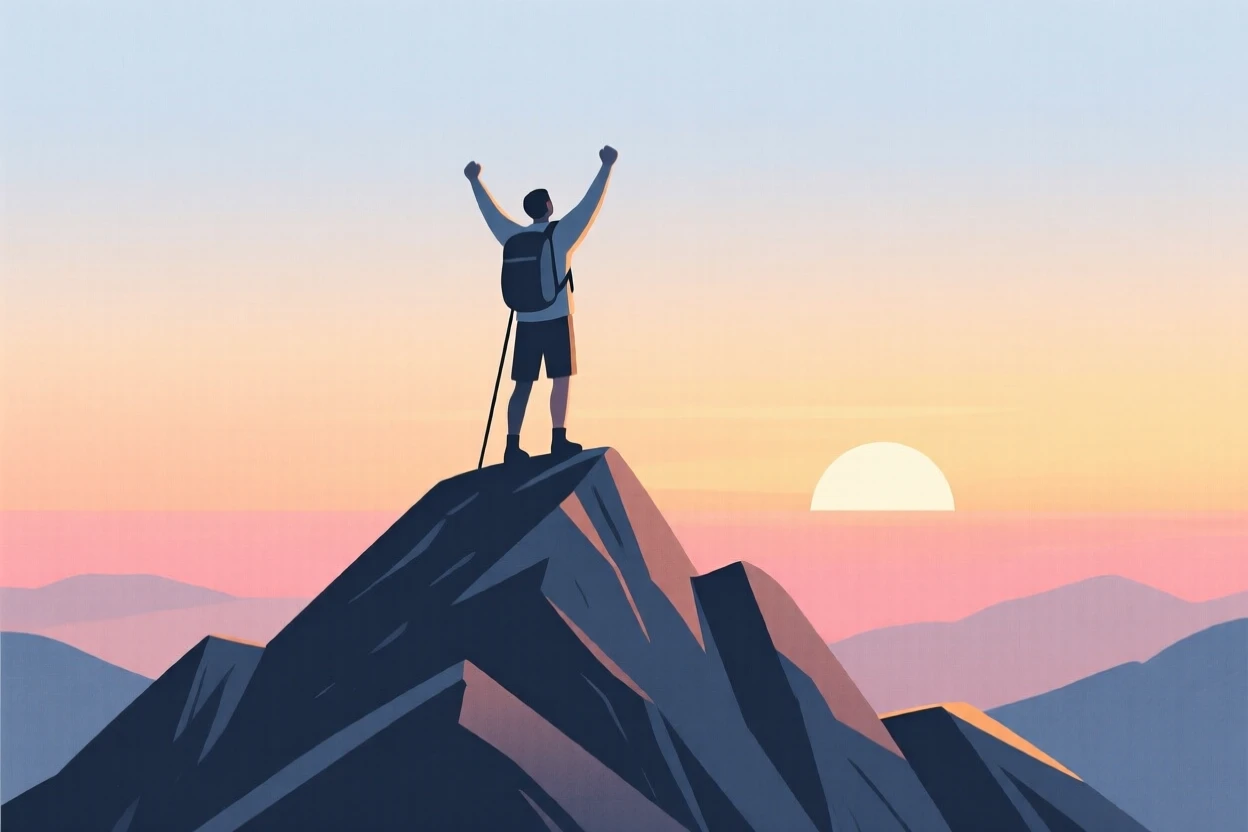 A lone hiker standing atop a mountain peak, arms raised, watching the sunrise.