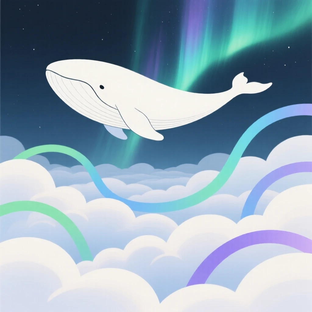 A dreamlike giant whale drifting through clouds rising from a world made entirely of clouds, filled with ribbons of aurora light, evoking quiet enchantment.