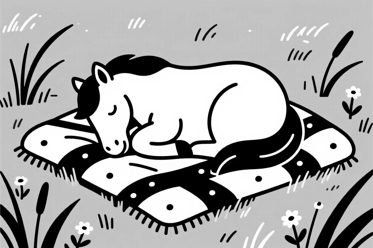 A pony in a meadow curled up on a cozy blanket.