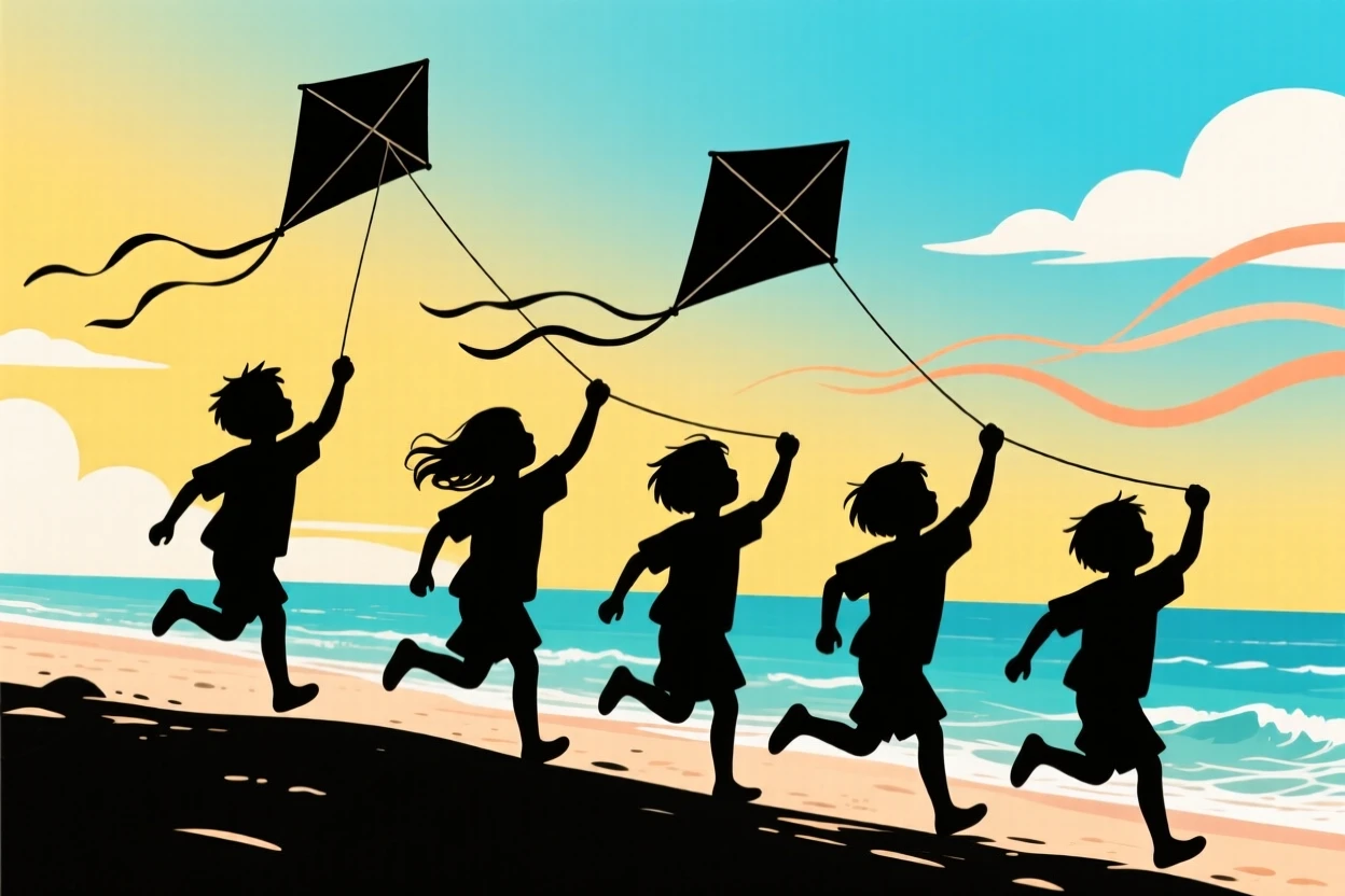 A group of children flying kites together on a windy beach afternoon.