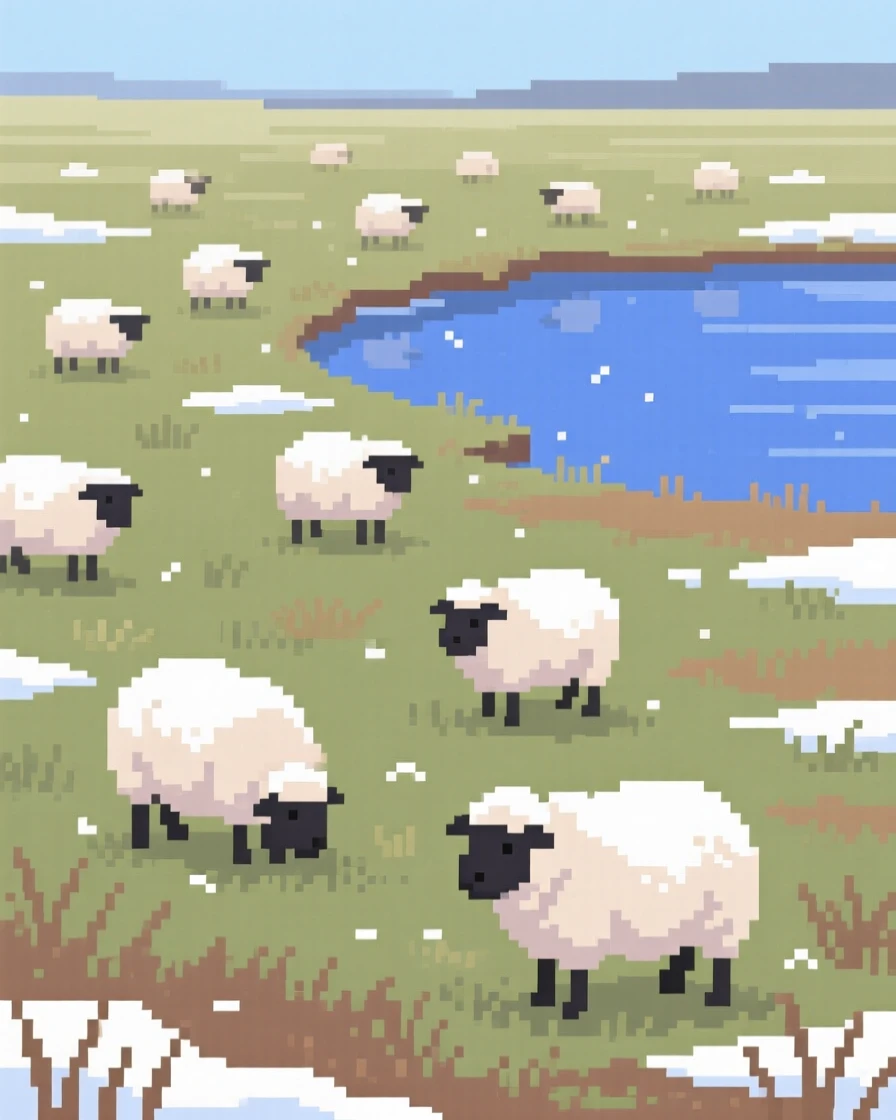 A meadow dotted with grazing sheep dusted with a light layer of fresh snow, beside a calm and glassy lake.
