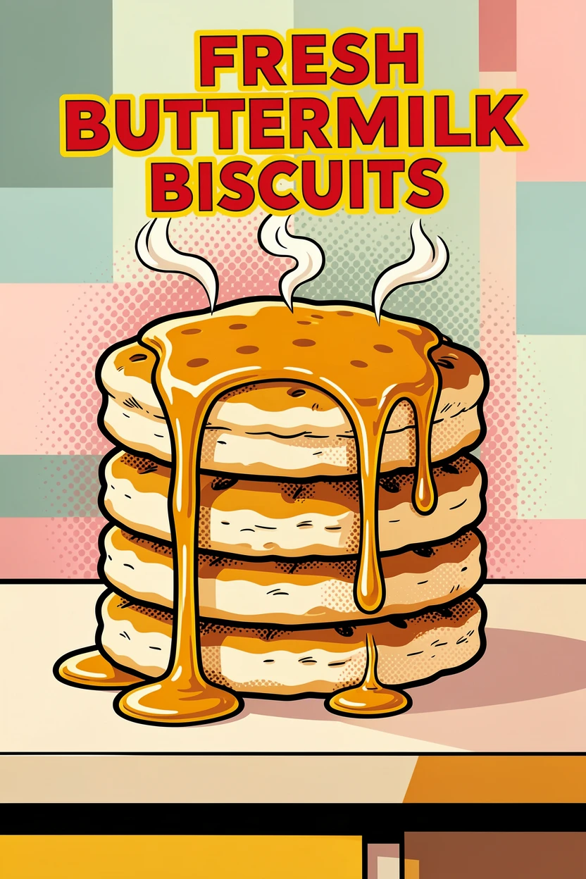 A stack of buttermilk biscuits with honey steaming warmly on a cozy kitchen counter