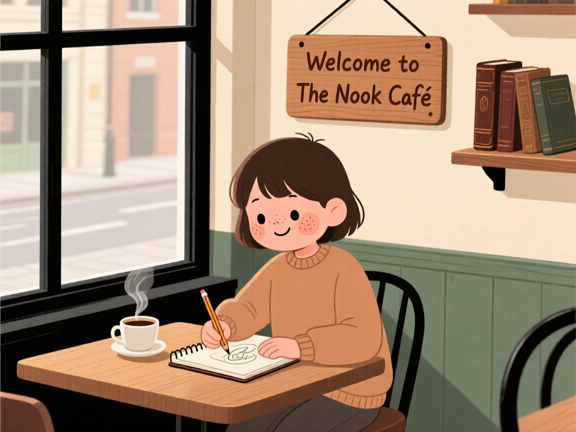 A student sits by the window of a small corner café, sketching in a notebook as the smell of old paper and leather fills the air.