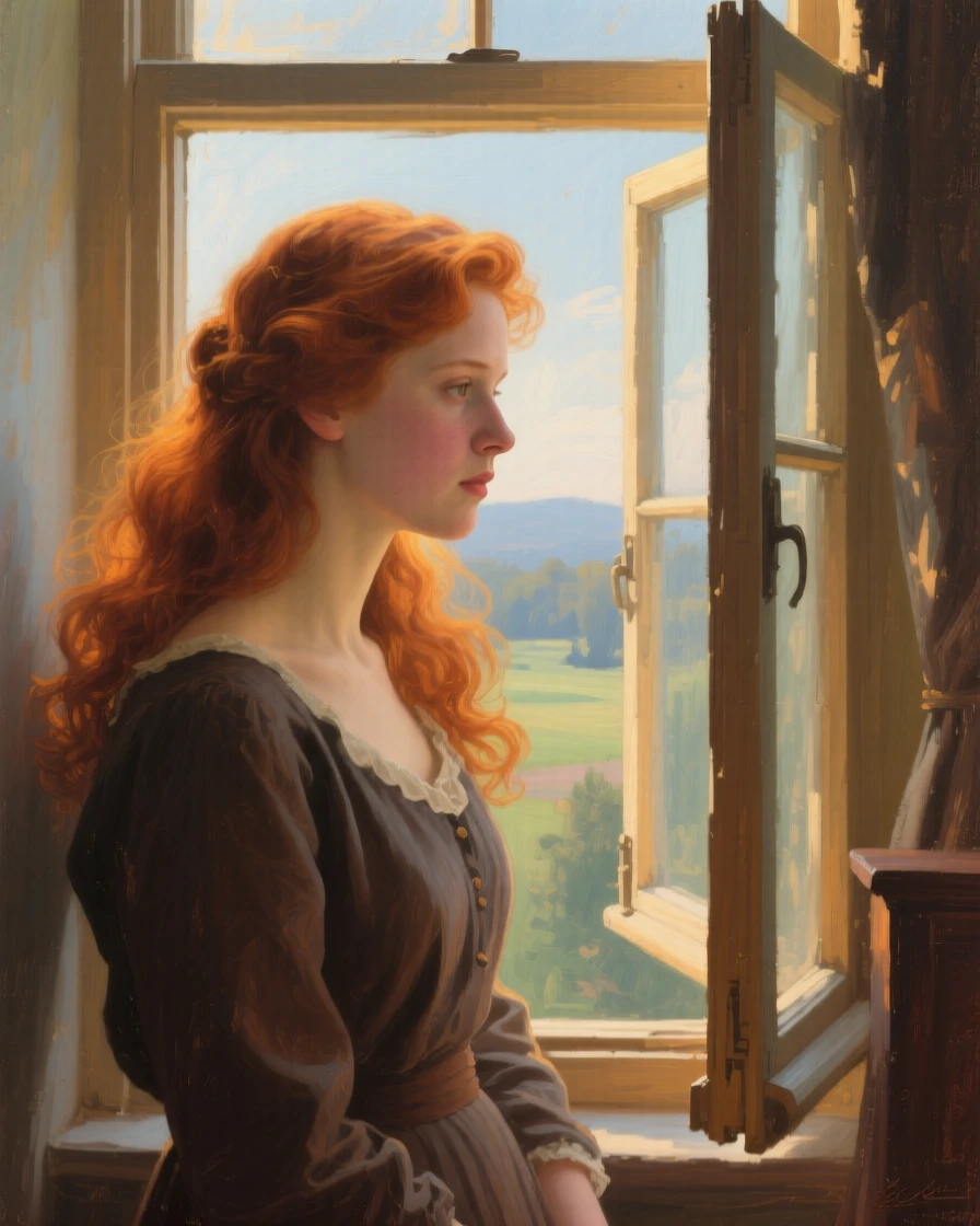 A detailed close shot of a young woman with flowing auburn hair standing by an open window, in late afternoon, in the 1940s.