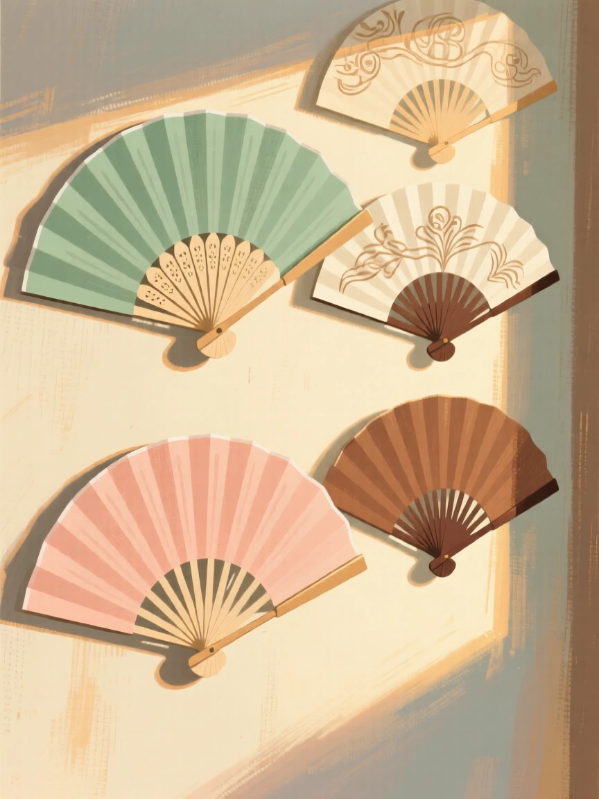 A set of decorative fans displayed open on a wall