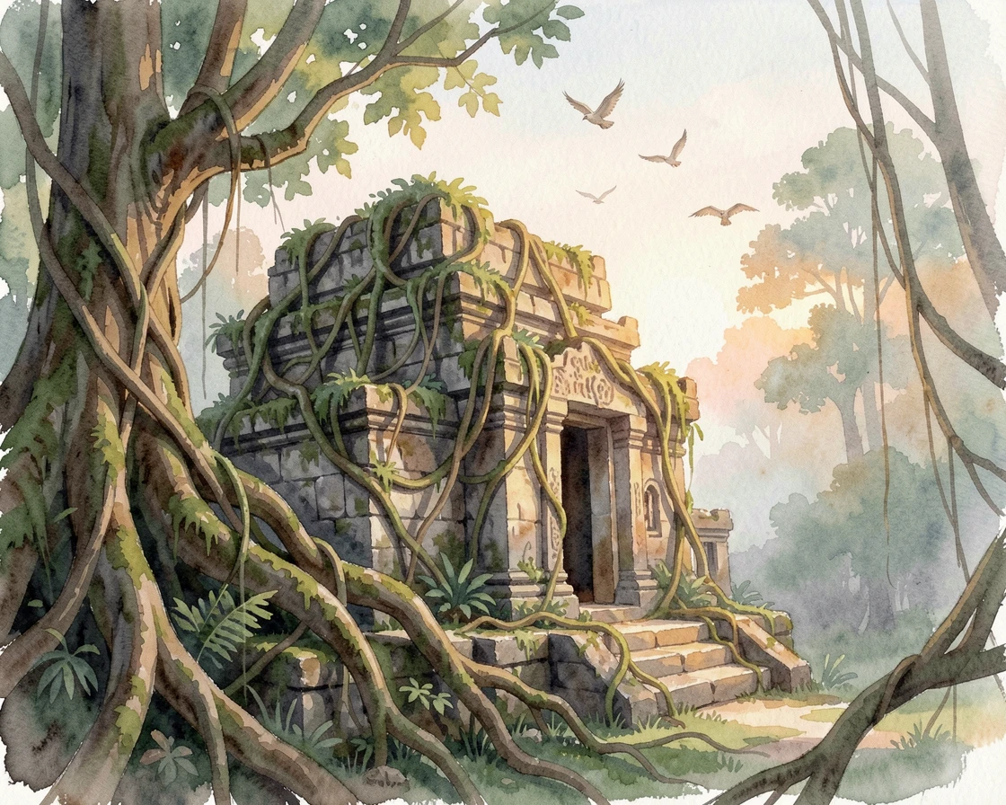 An ancient stone temple wrapped in jungle vines at sunrise with birds circling overhead.