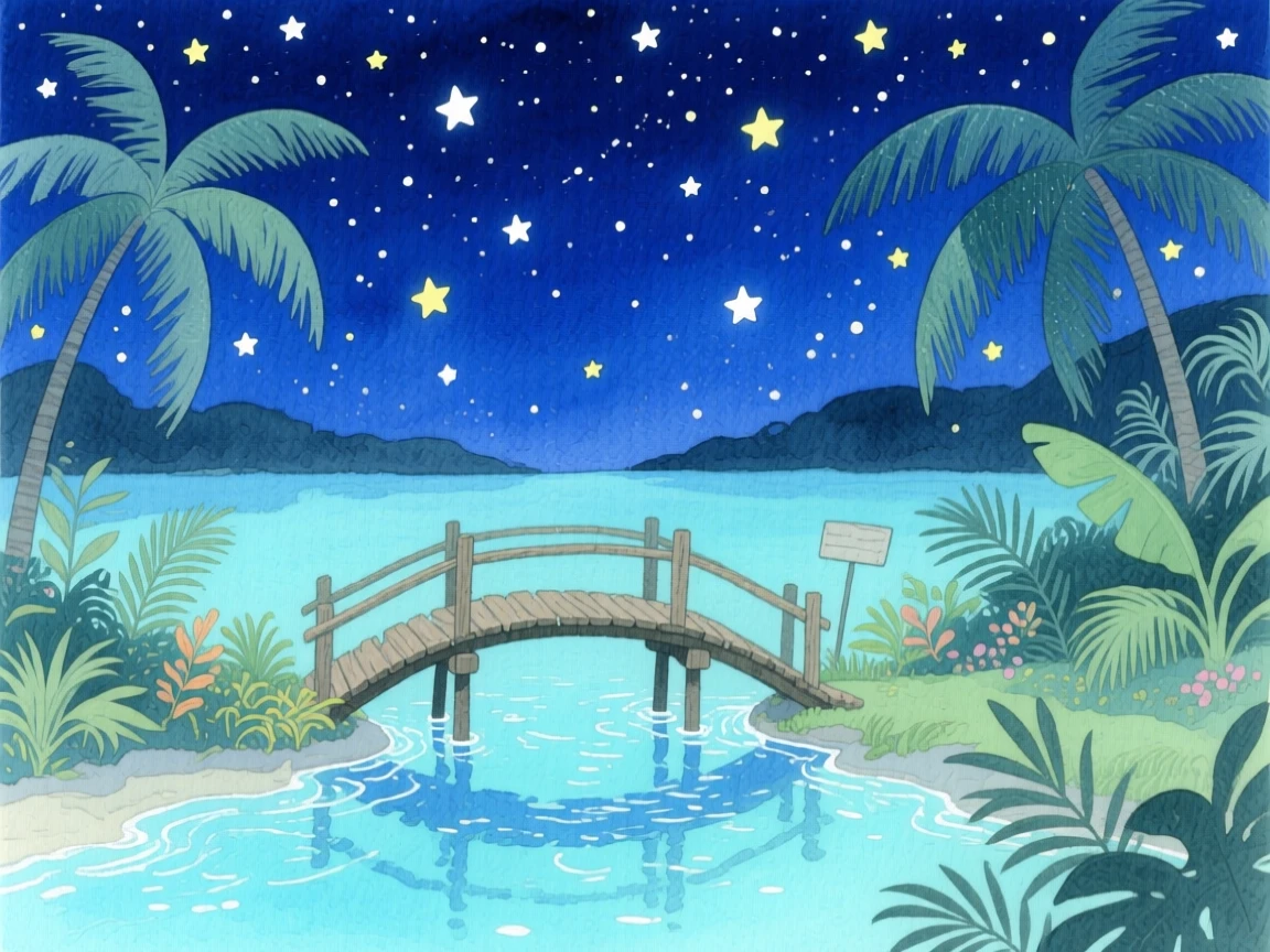 A breathtaking view of a tropical lagoon under a canopy of stars, with a small wooden bridge crossing a stream
