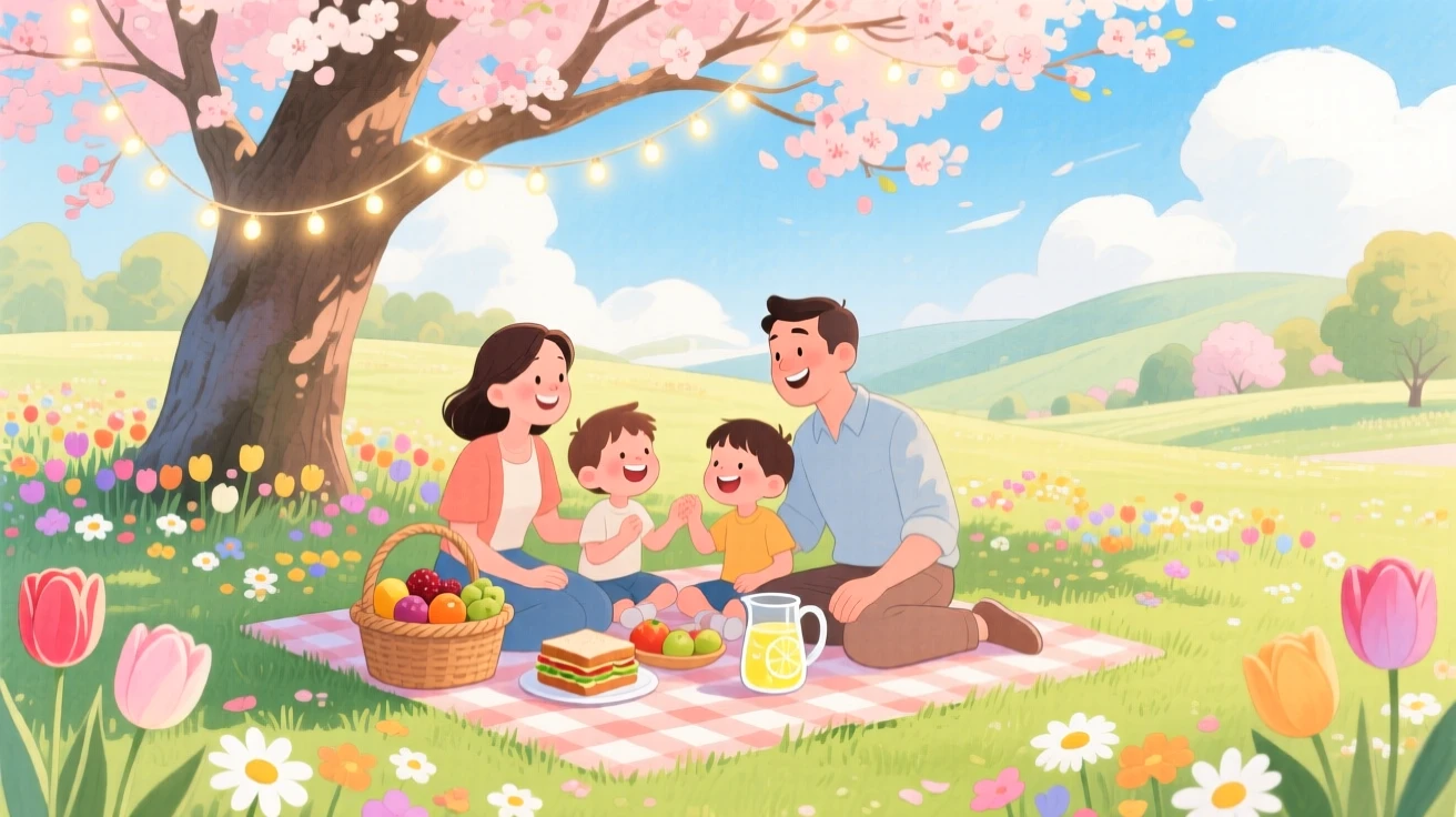 A family of four having a picnic under a blossoming tree, in a park bursting with spring blooms, with twinkling fairy lights strung overhead, simple togetherness and gratitude.
