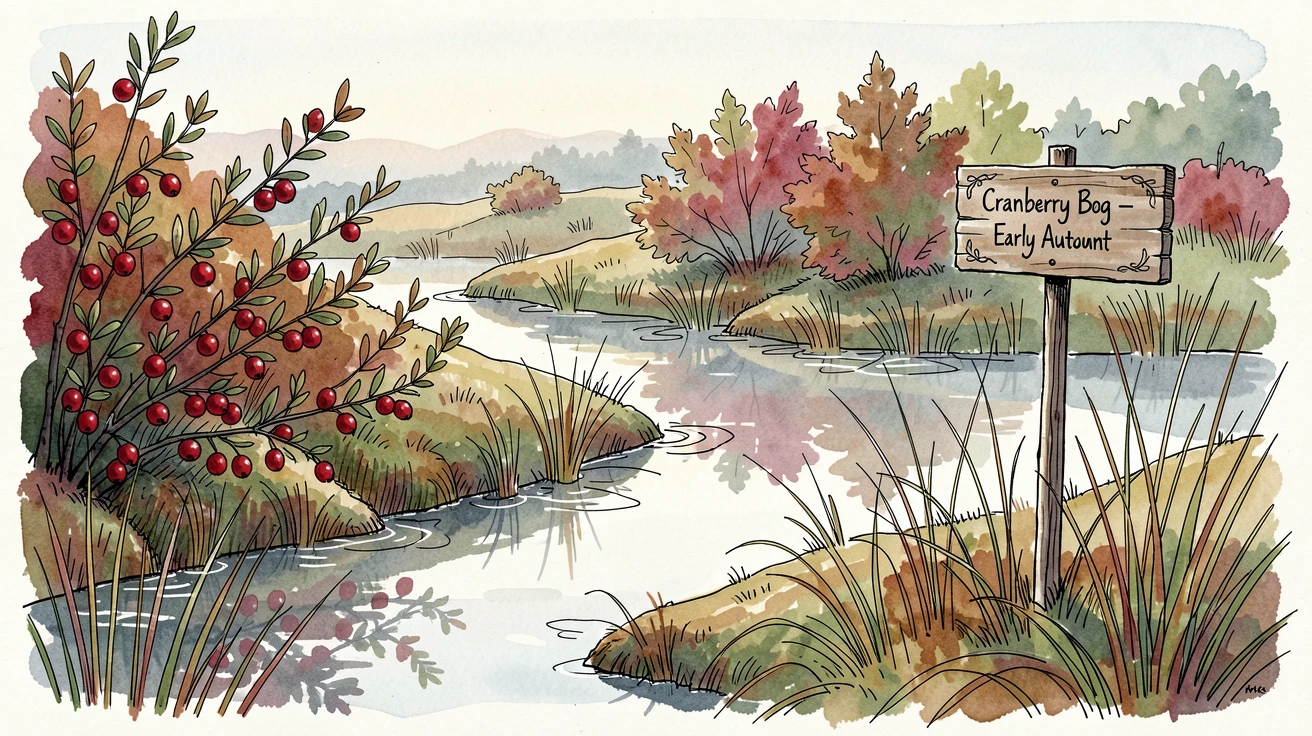 A quiet cranberry bog glowing crimson in early autumn, the air still and cool with the promise of a new day.