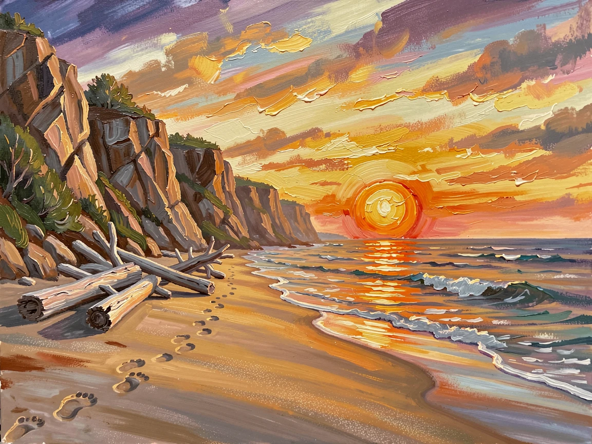 At sunset, the sun sinking into the horizon in a blaze of gold, a dramatic cliffside coastline, beside a scattering of smooth driftwood, children's footprints trailing across the wet sand.