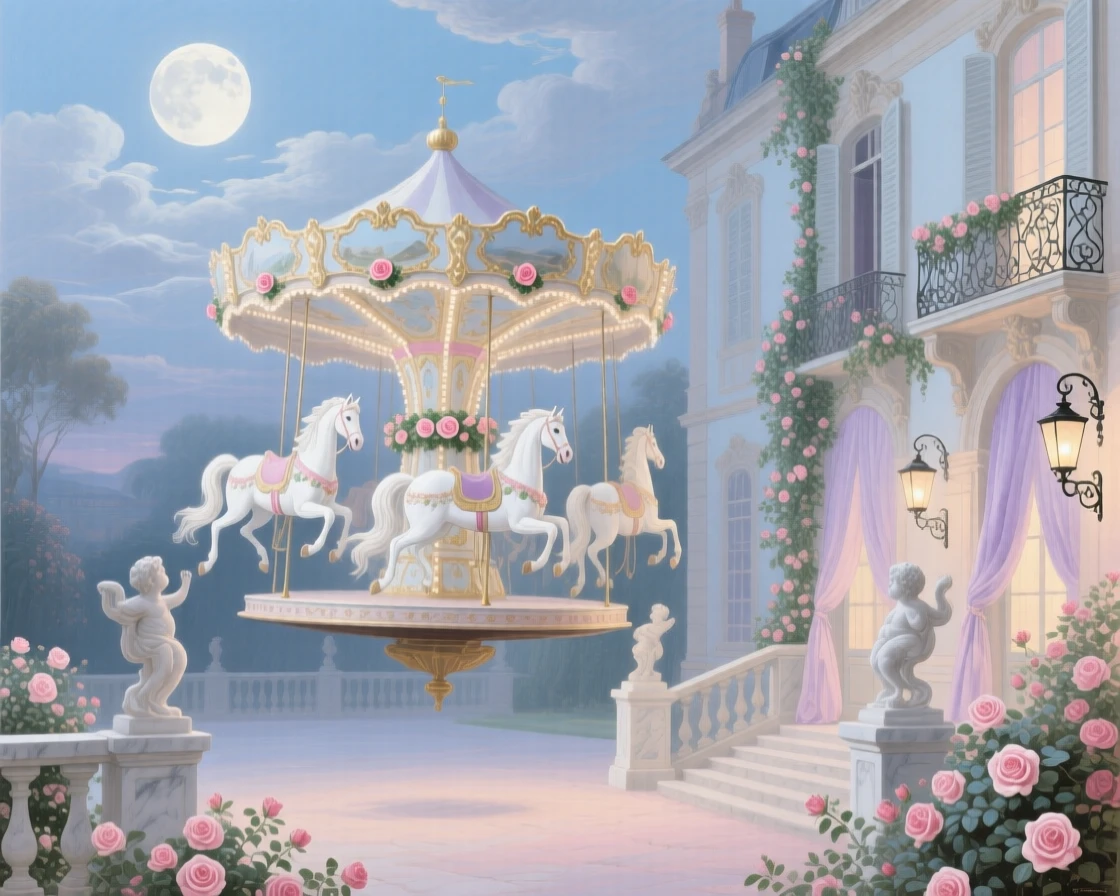 A moonlit carousel of white horses turning above a palace courtyard  