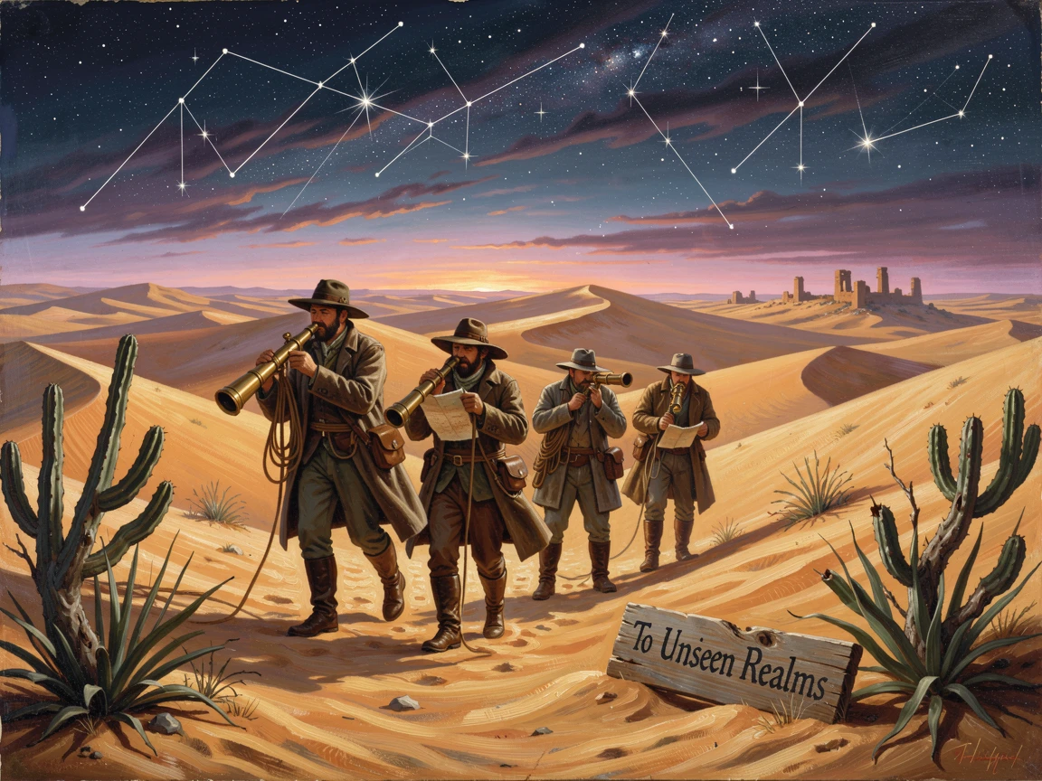 An expedition team ventures deep into a vast desert of shifting dunes beneath a sky of unfamiliar stars.