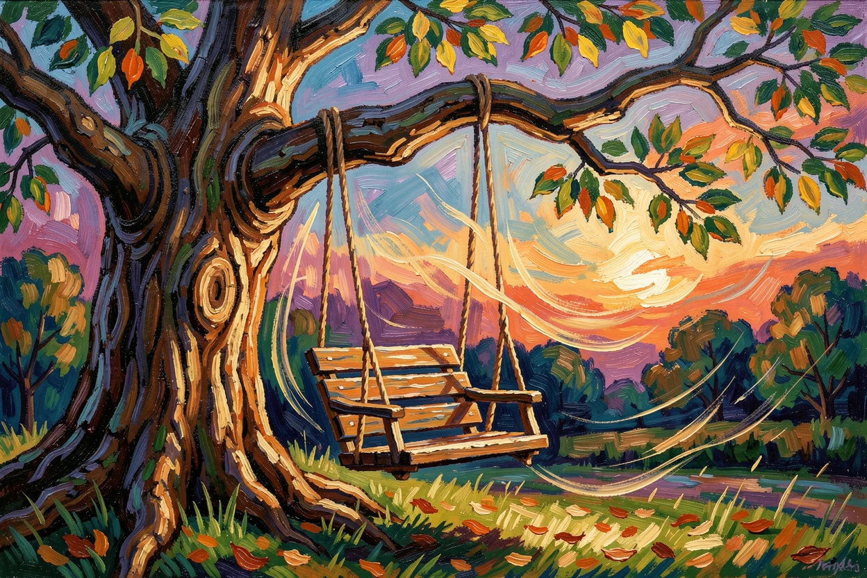 A quiet swing hanging from an old oak tree, moving gently in an evening breeze.